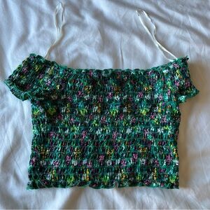 New H&M green floral off shoulder smocked crop top XS